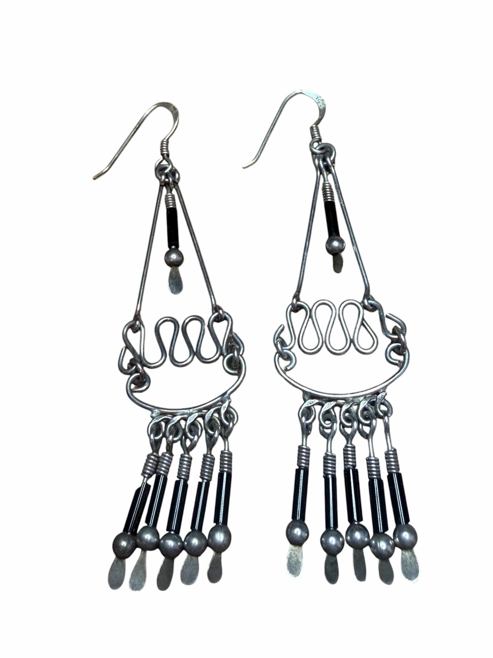 VTG 925 Silver & Black Bohemian Dangle Chandelier 3" Earrings LIGHTWEIGHT - EUC